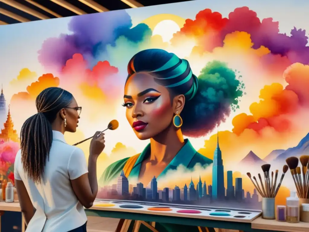 Un vibrante cuadro acuarela que trasciende estereotipos género, mostrando diversidad y creatividad en diversas formas artísticas