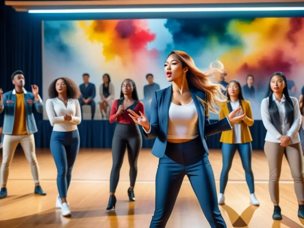 Un vibrante cuadro acuarela de estudiantes diversos realizando una impactante pieza de arte escénico en un auditorio escolar