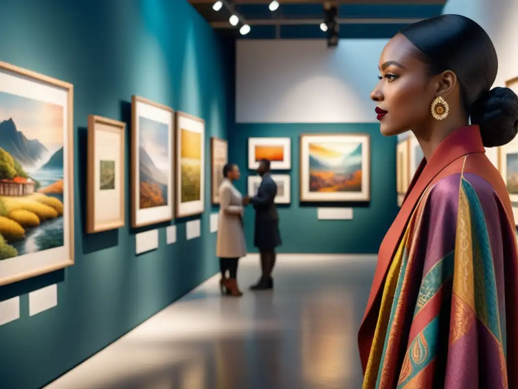 Un vibrante cuadro de acuarela muestra una exposición de arte diversa, con un curador apasionado interactuando con artistas