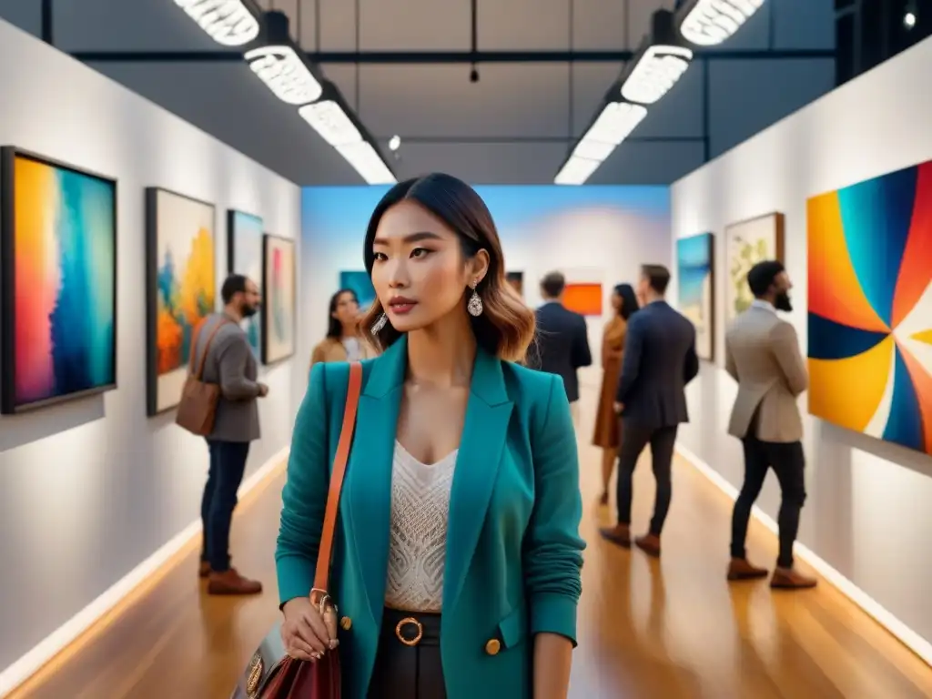 Un vibrante cuadro acuarela de una galería de arte con obras contemporáneas diversas