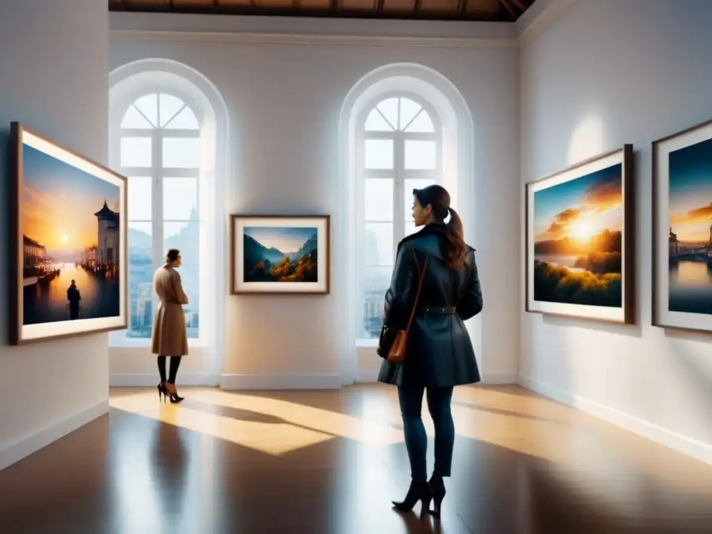 Un vibrante cuadro acuarela detalla una galería de arte con visitantes admirando fotografías en las paredes