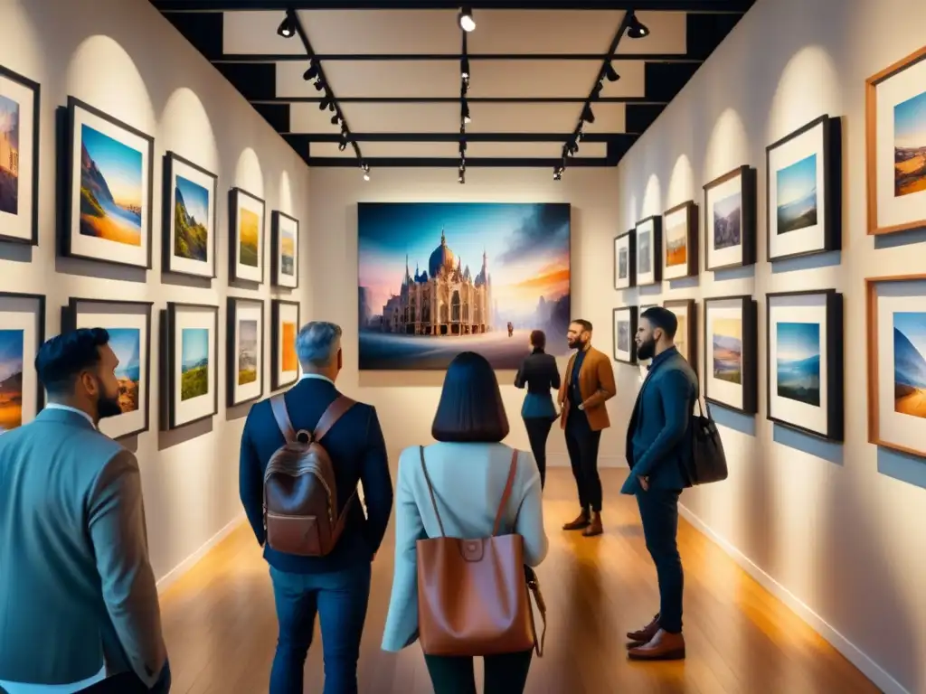 Un vibrante cuadro de acuarela que muestra una galería de arte llena de personas diversas admirando fotografías inspiradoras colgadas en las paredes