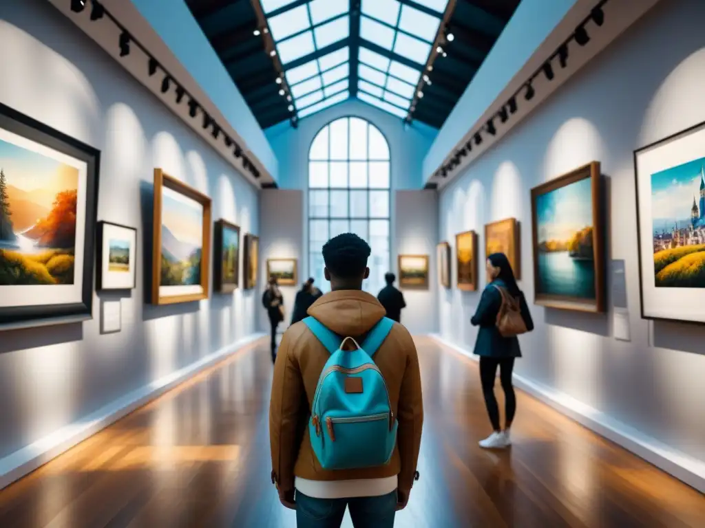 Un vibrante cuadro acuarela de una galería de arte, con diversidad de obras y visitantes disfrutando de la exposición