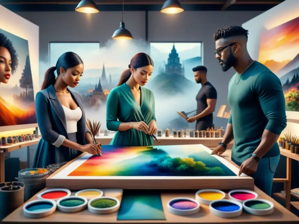Colaboración multicultural en estudio de arte Un vibrante cuadro de acuarela que muestra un grupo diverso de artistas de distintas culturas colaborando en una obra de arte