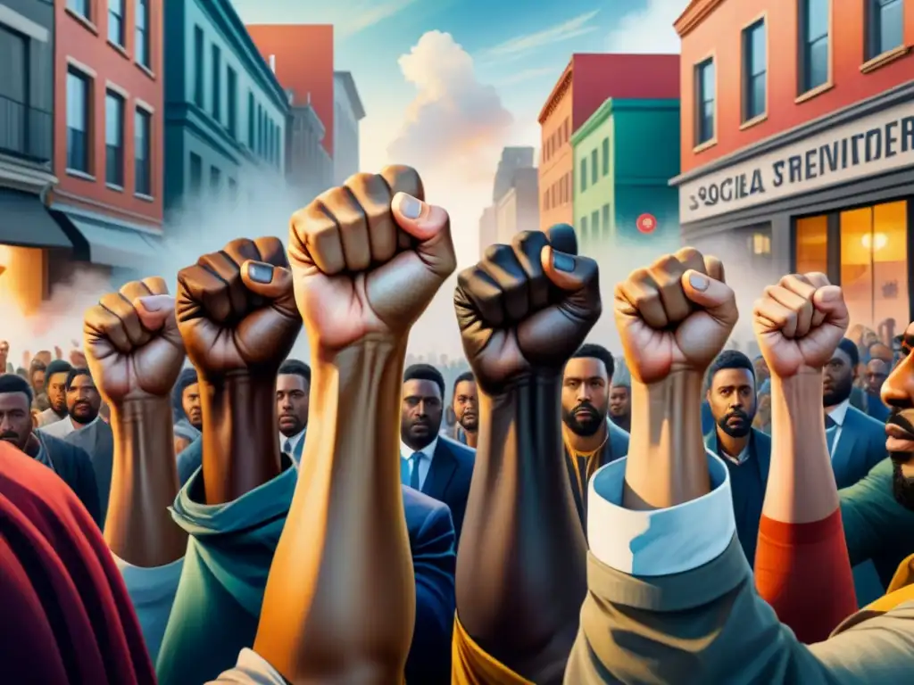 Un vibrante cuadro de acuarela que visibiliza la unión de diversos individuos marginados luchando juntos contra injusticias sociales