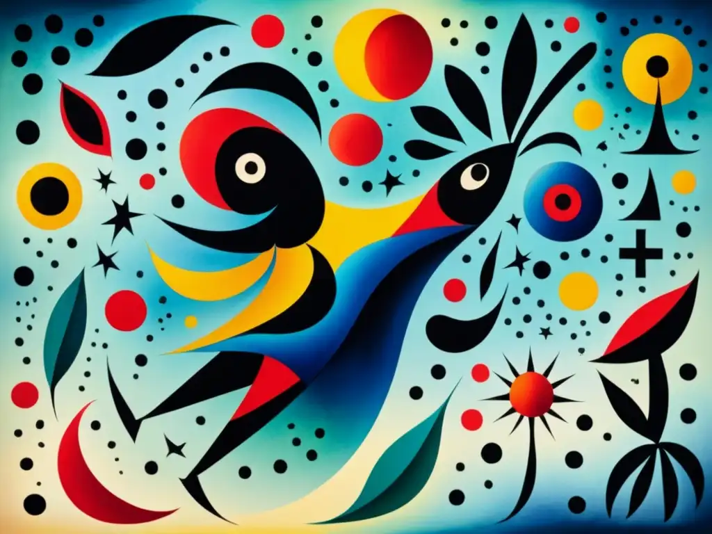 Un vibrante cuadro acuarela inspirado en Joan Miró con colores audaces y figuras abstractas, entrelazadas con elementos culturales latinoamericanos