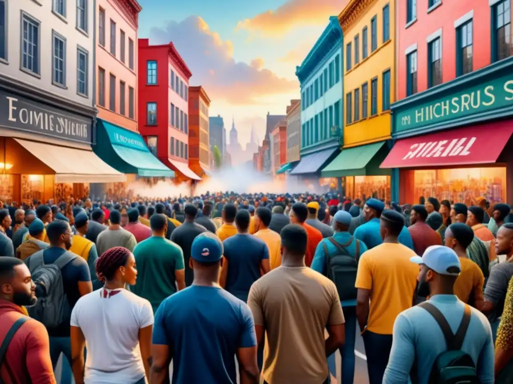 Un vibrante cuadro de acuarela que muestra un paisaje urbano lleno de diversidad, protestas y activismo
