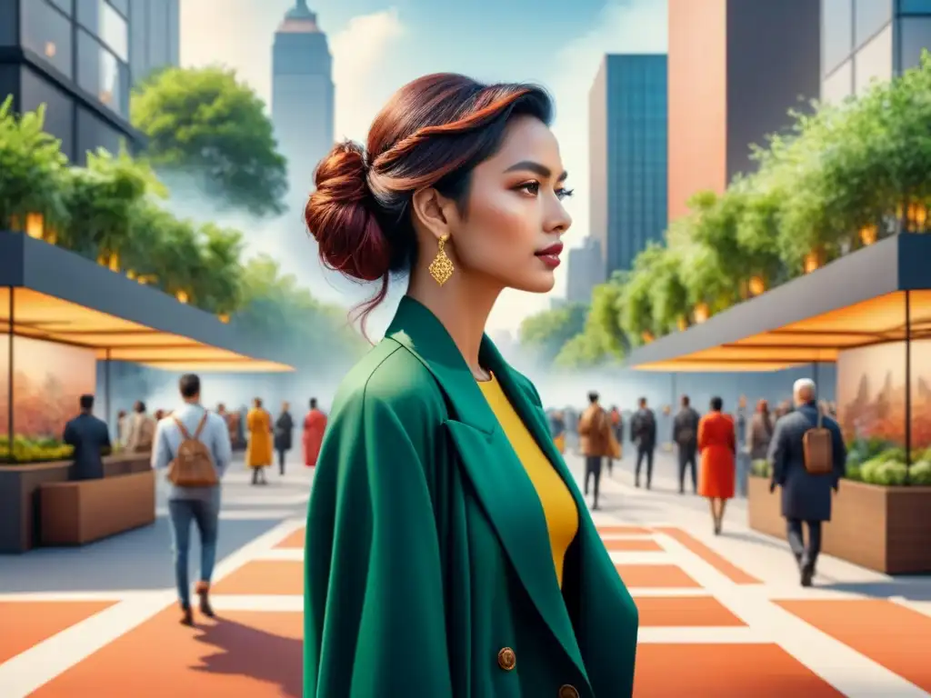 Pintura acuarela de plaza urbana vibrante con arte contemporáneo Un vibrante cuadro de acuarela de una plaza urbana llena de diversidad y arte contemporáneo impactando el espacio público