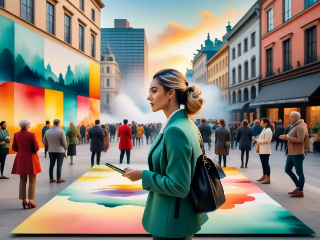 Un vibrante cuadro de acuarela de una plaza de ciudad convertida en instalación de arte participativo