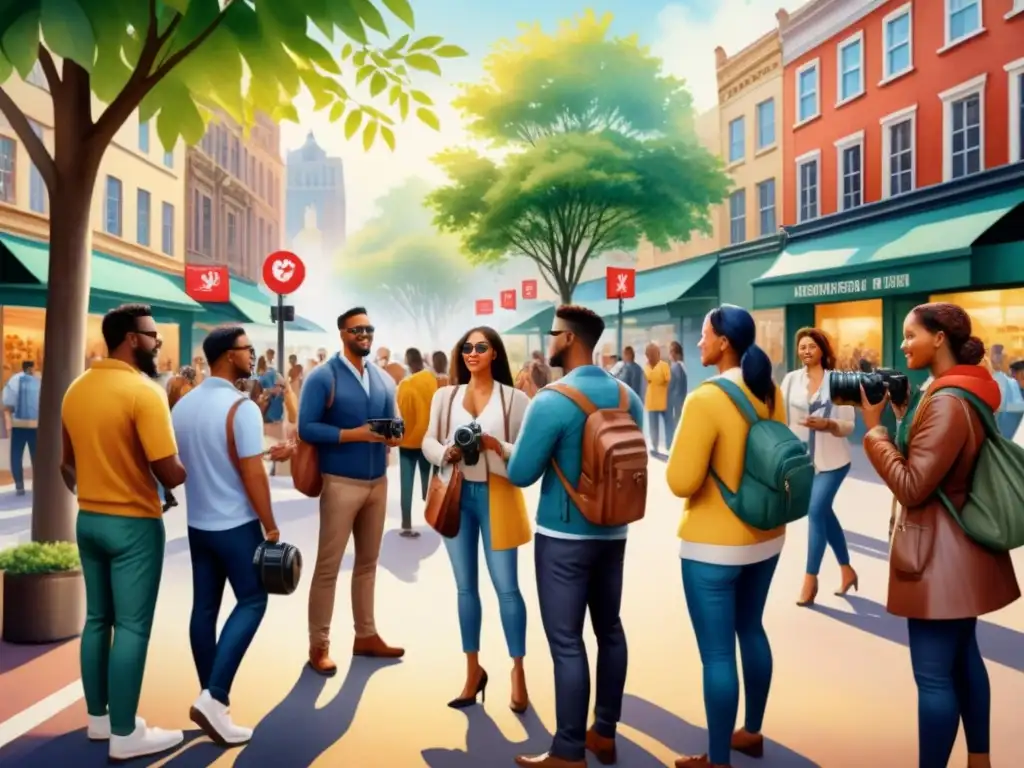 Un vibrante cuadro acuarela de Proyectos arte comunitario fotografía, capturando la diversidad y energía de la comunidad en la plaza de la ciudad