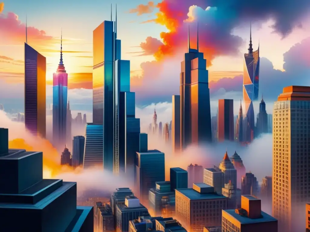 Un vibrante cuadro de acuarela fusionando realismo y arte abstracto en una ciudad surrealista al atardecer