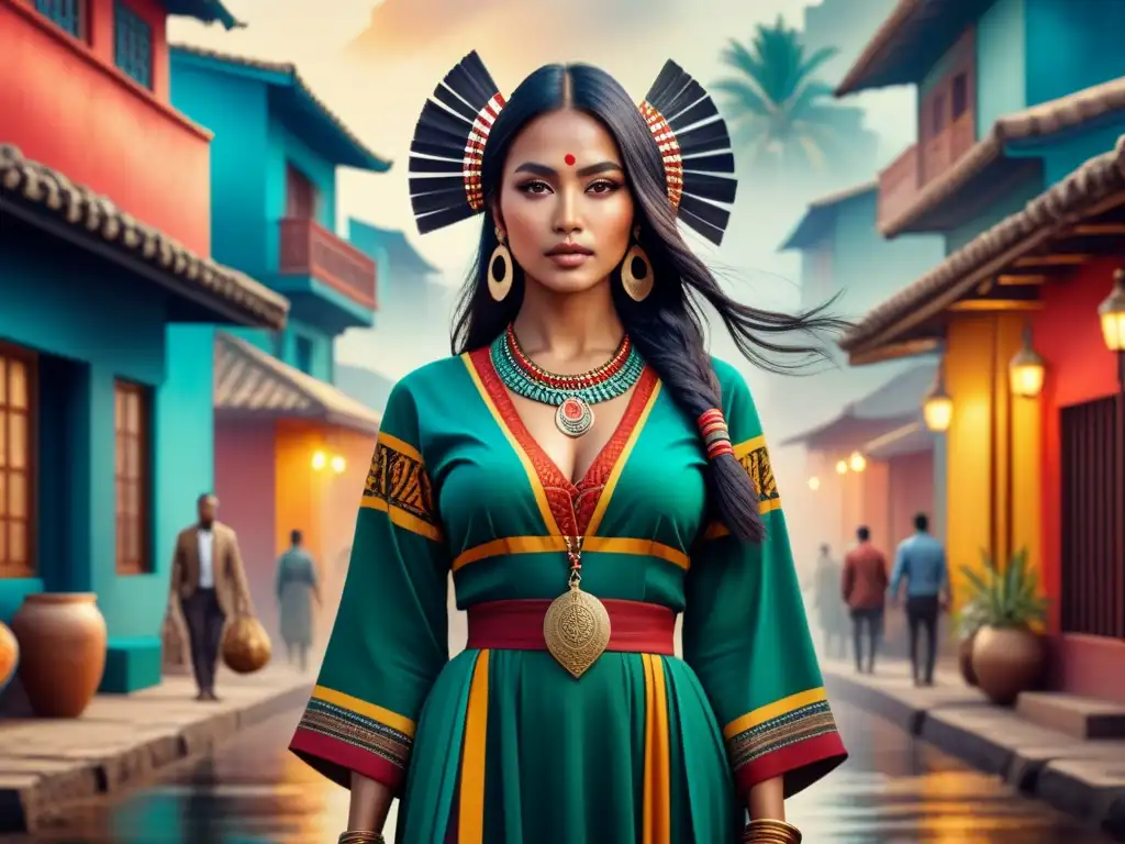 Un vibrante cuadro de acuarela fusiona símbolos indígenas antiguos con paisajes urbanos modernos, en una armoniosa fusión de colores