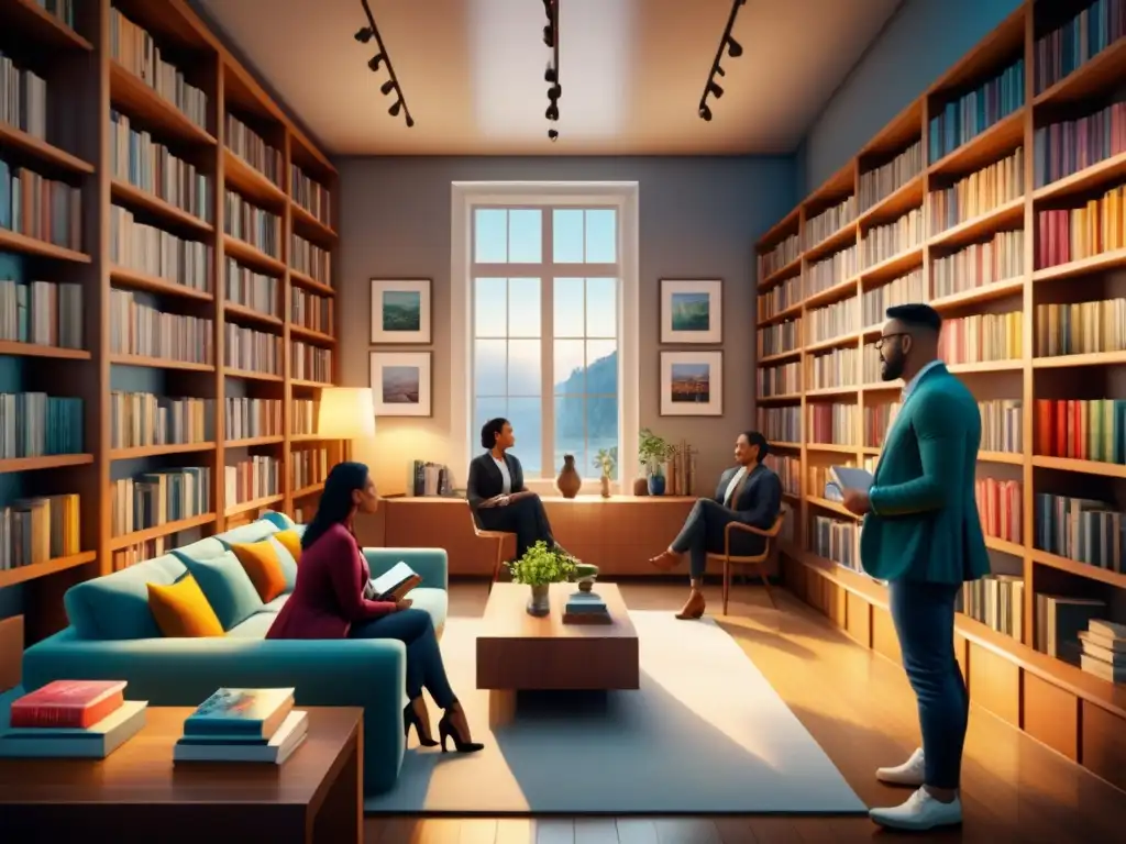 Conversación artística vibrante en acogedor ambiente Una vibrante discusión de arte entre personas diversas en una acogedora habitación llena de libros y obras de arte, iluminada por luz cálida