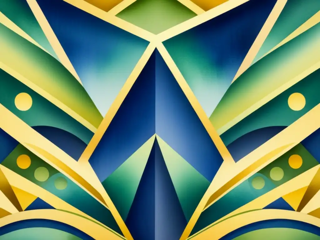 Un vibrante diseño textil modernista, con patrones geométricos en azules, verdes y dorados