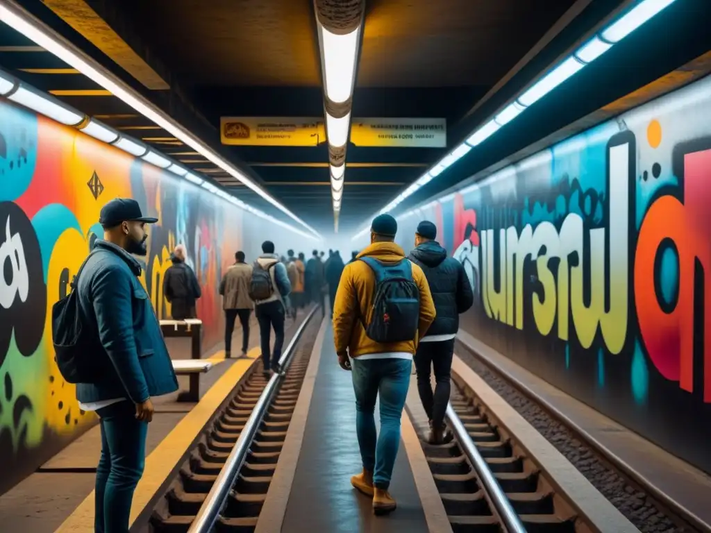 Vibrante escena de arte subterráneo en un túnel de metro iluminado débilmente