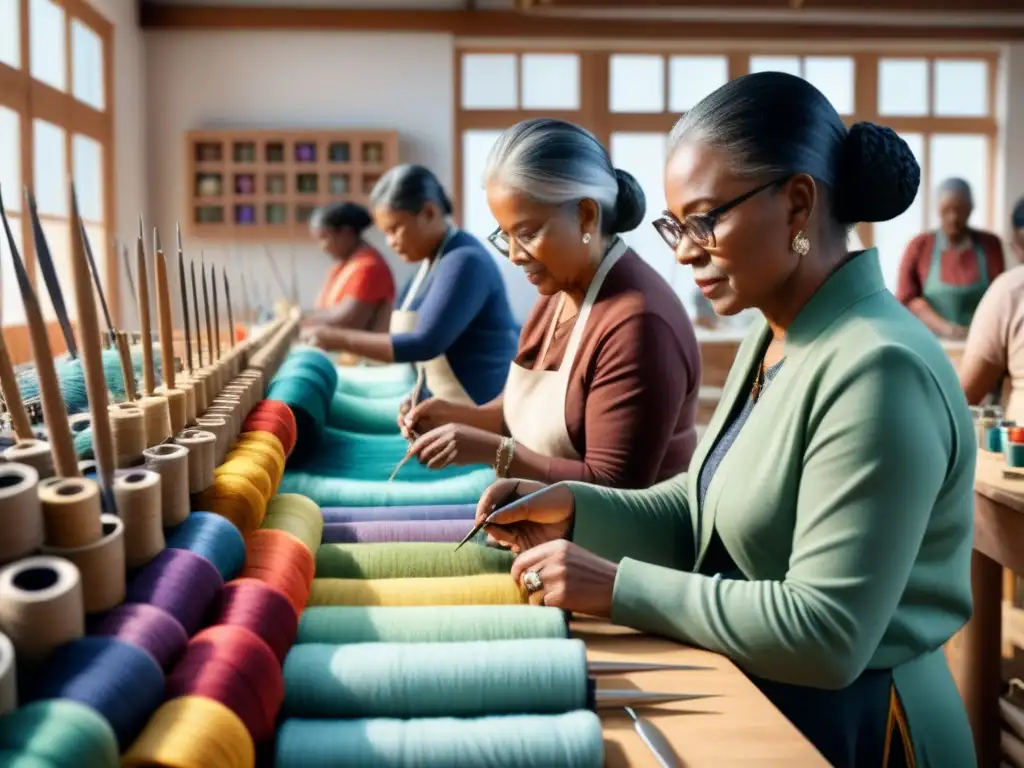 Una vibrante escena de arte textil en programas comunitarios, donde personas de diversas edades y orígenes colaboran en un taller colorido