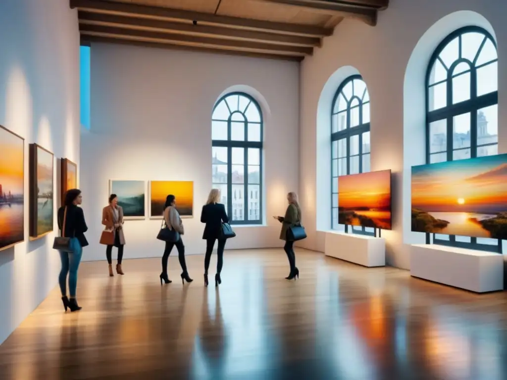 Vibrante escena de artistas mujeres contemporáneas en una galería de arte europea, reflejando creatividad y diversidad