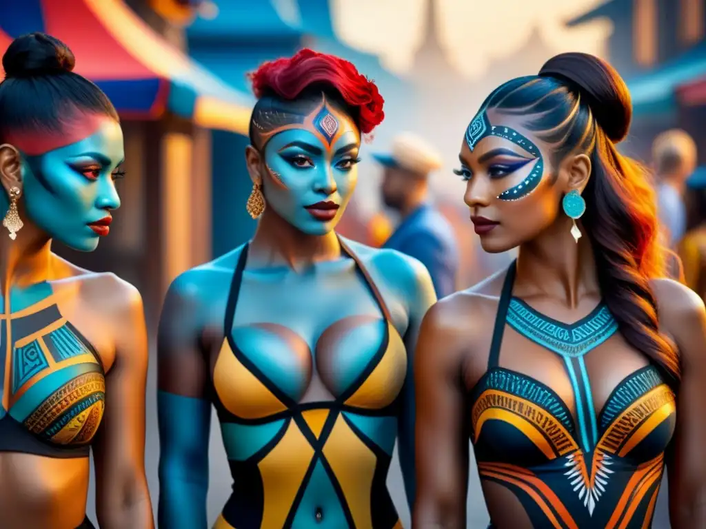 Una vibrante escena de body painting artístico que celebra la historia del body painting artístico con símbolos culturales de todo el mundo