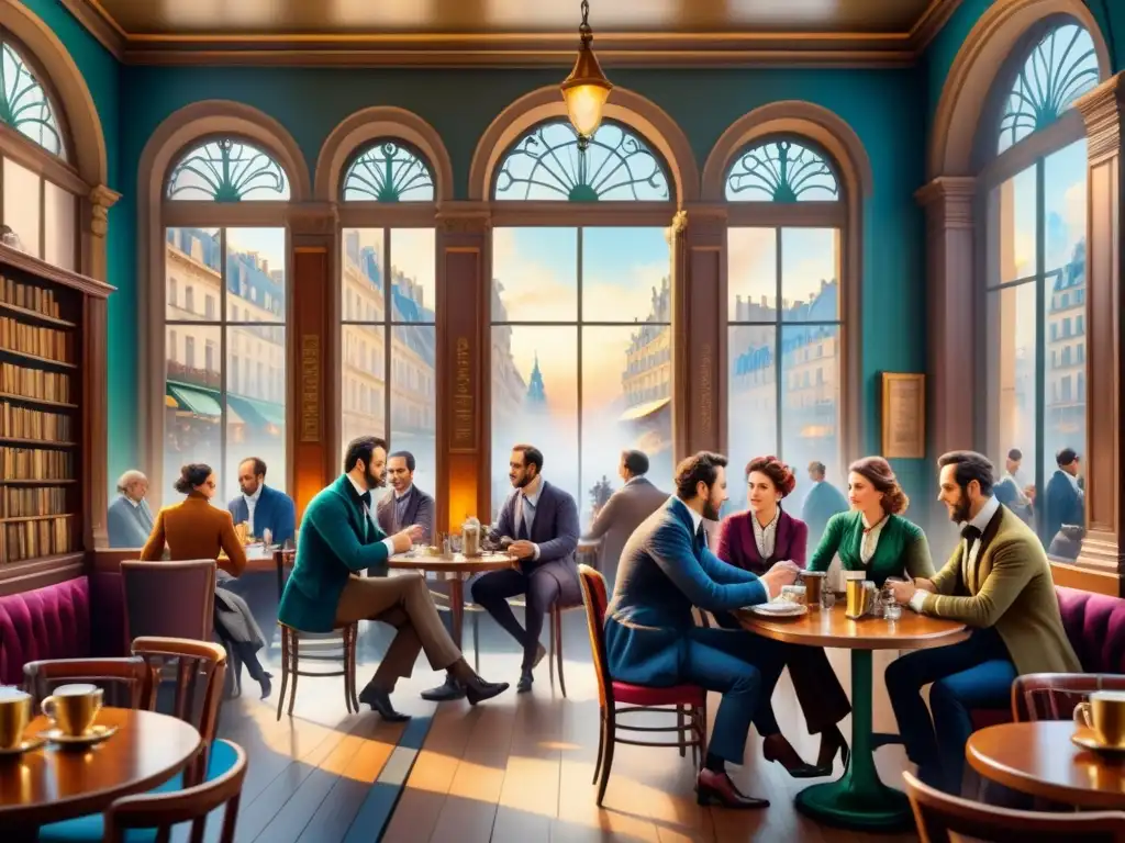 Vibrante escena de café parisino del siglo XIX, influencia movimientos literarios en arte