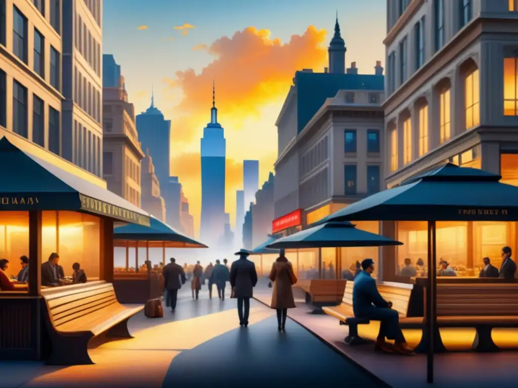 Cityscape americano Impresionista: vibrante y detallado Vibrante escena de ciudad en acuarela con toques impresionistas, reflejando la transformación del Impresionismo en América