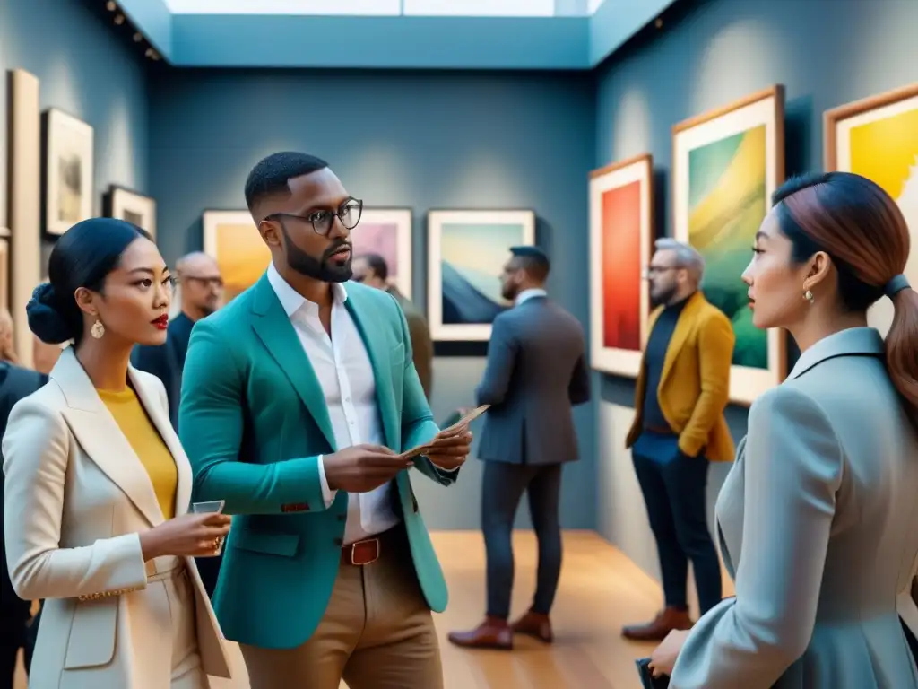 Una vibrante escena de críticos de arte contemporáneo inmersos en discusiones intensas, rodeados de obras abstractas en una galería