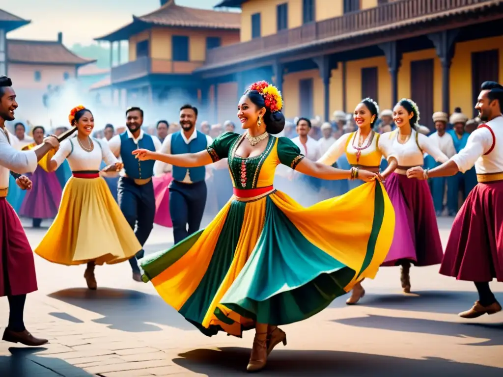 Vibrante escena de danza folclórica en la plaza de un pueblo, lleno de energía y alegría