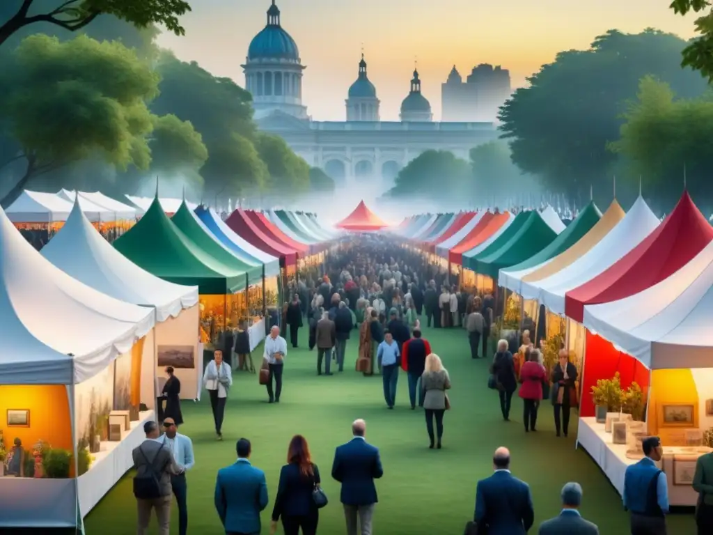 Vibrante escena de feria de arte con entusiastas examinando obras, mostrando la importancia de ferias arte formación precios