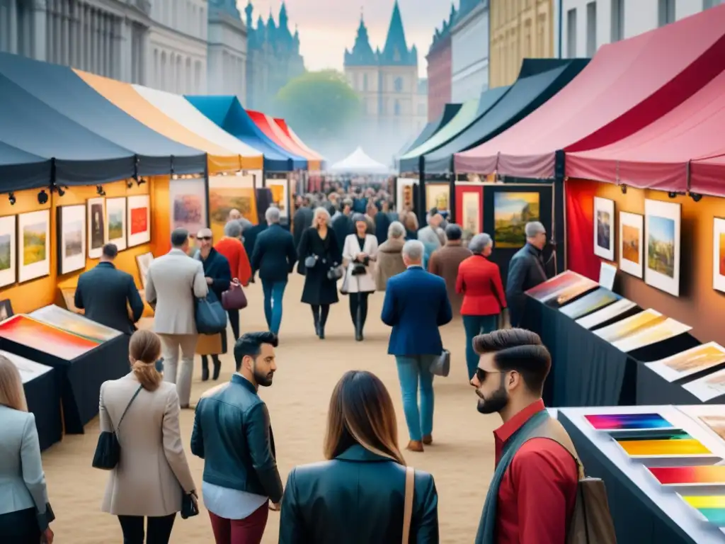 Vibrante escena de feria de arte con talentos emergentes presentando obras, visitantes interactuando, identificar nuevos talentos arte emergente