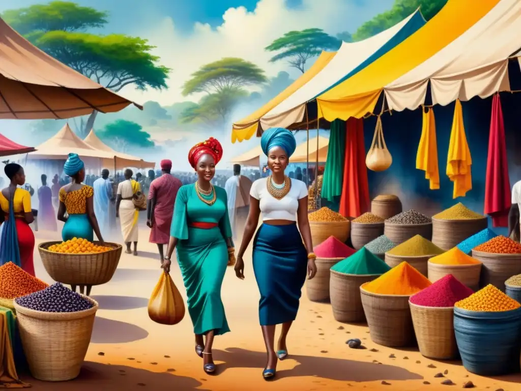 Vibrante escena de mercado africano con diversidad cultural y colores, reflejando el arte africano contemporáneo, intersección cultural