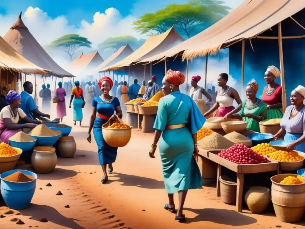 Una vibrante escena de un mercado africano en acuarela, muestra la riqueza cultural y diversidad