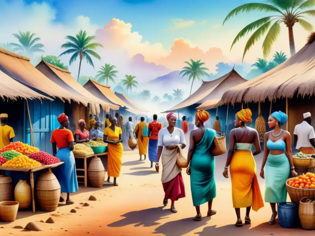 Una vibrante escena de mercado de arte africano, con artistas y sus obras contemporáneas en un animado ambiente