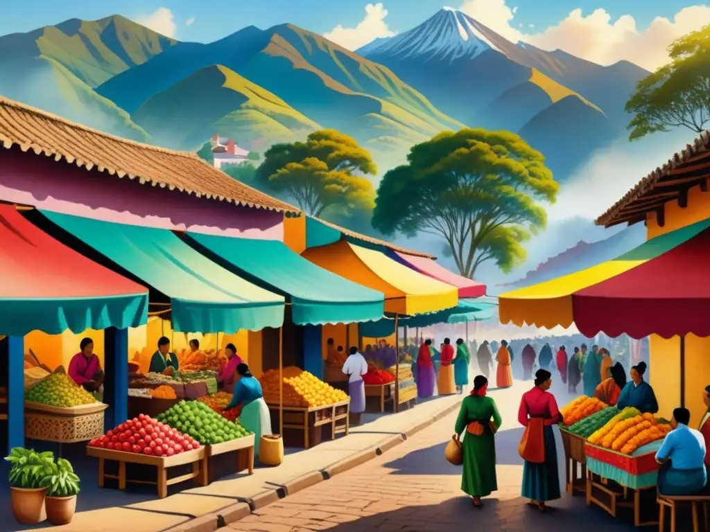 Una vibrante escena de mercado latinoamericano con arte popular, tradición y color