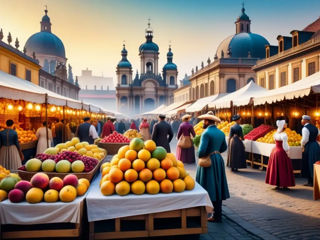 Vibrante escena de mercado en una plaza barroca, con vendedores y arquitectura detallada bañados en cálido y dramático color dorado