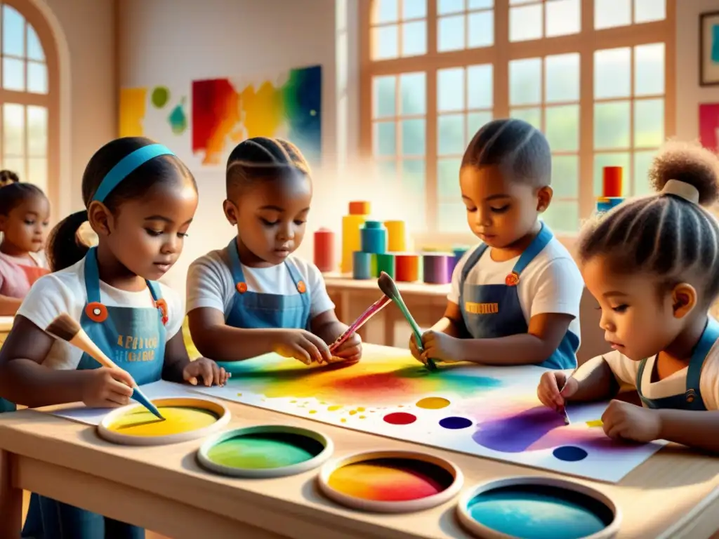 Vibrante escena de niños creando arte juntos en un aula colorida, fomentando el desarrollo cognitivo a través del arte visual