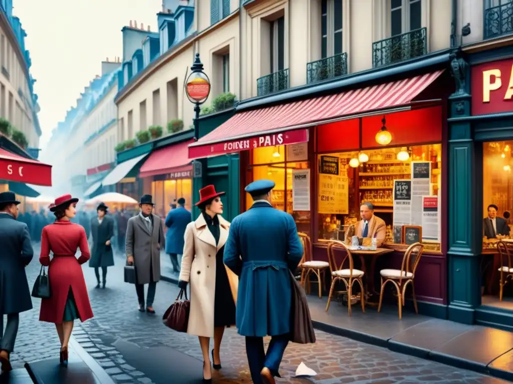 Vibrante escena de París en el siglo XX con artistas y fragmentos de collage en el aire