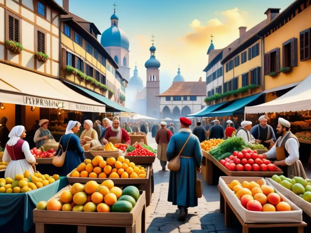 Vibrante escena de vida cotidiana en Renacimiento: mercado lleno de colores, vendedores y arquitectura detallada