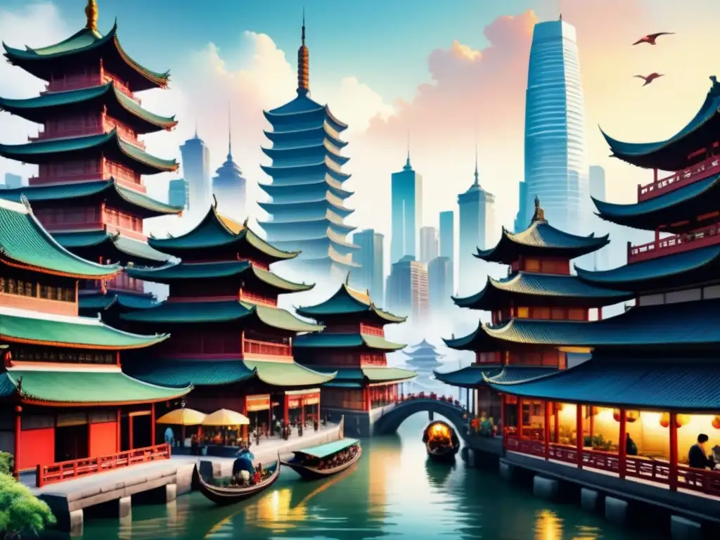 Un vibrante escenario urbano asiático donde artistas contemporáneos crean ilustraciones fusionando tradición y modernidad en Asia