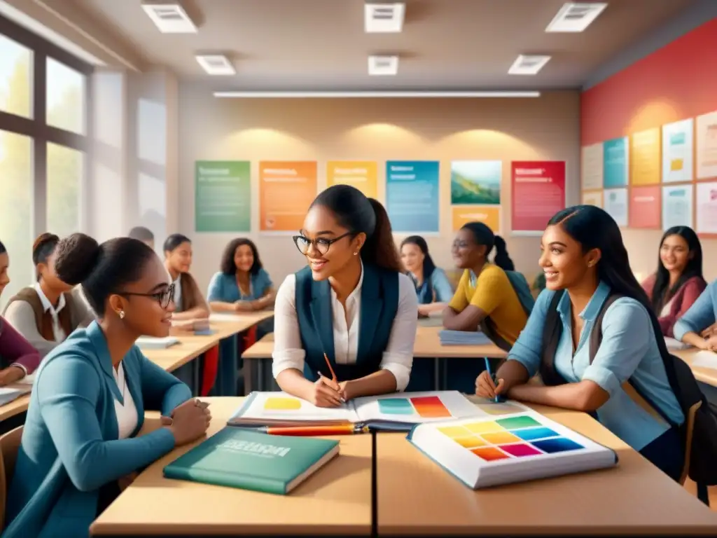 Vibrante ilustración acuarela: estudiantes diversos debaten en aula