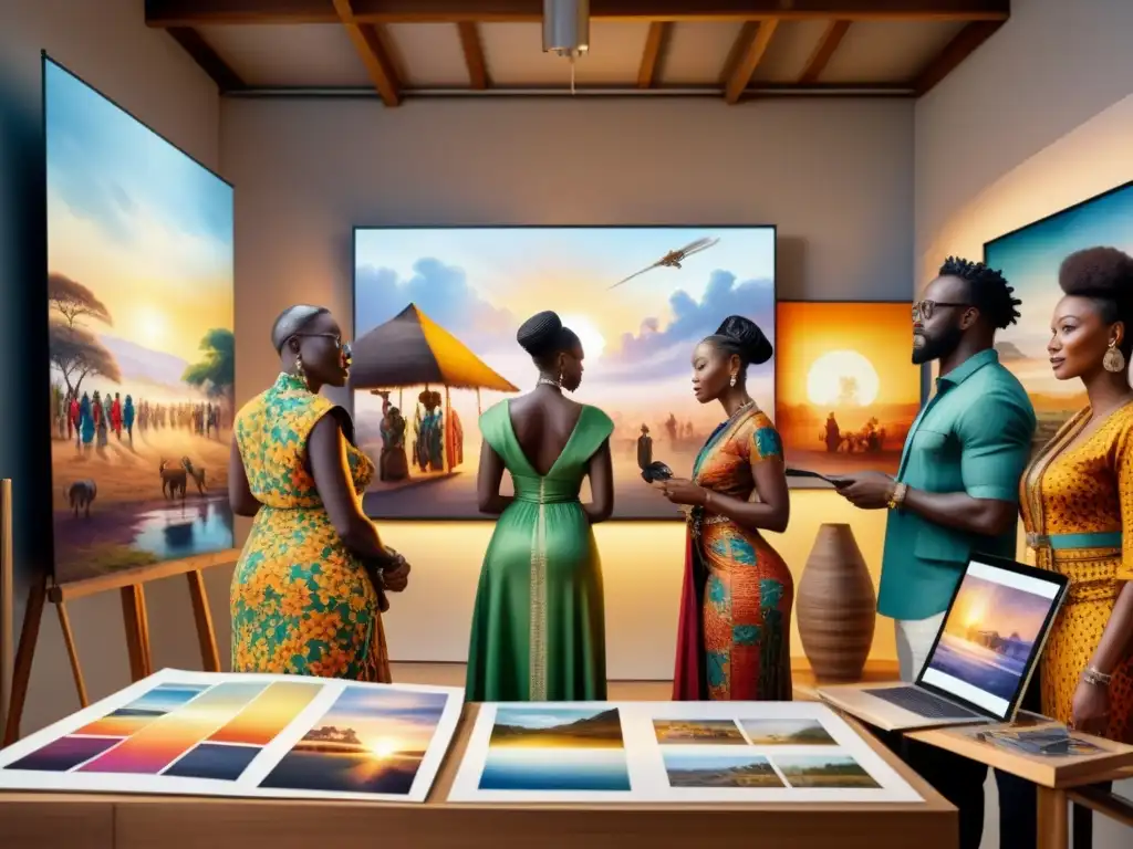 Un vibrante estudio de arte africano contemporáneo, con artistas discutiendo fotografías