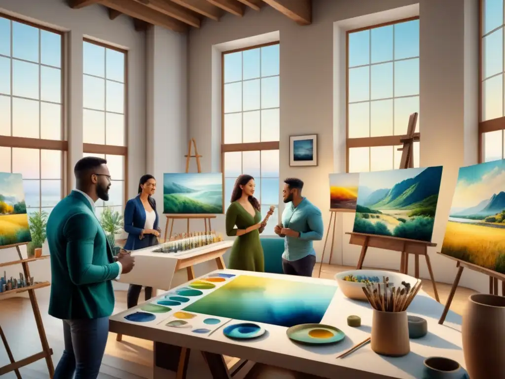 Intensa crítica de arte en estudio vibrante Un vibrante estudio de arte donde artistas discuten y critican obras, creando una atmósfera cálida e inspiradora
