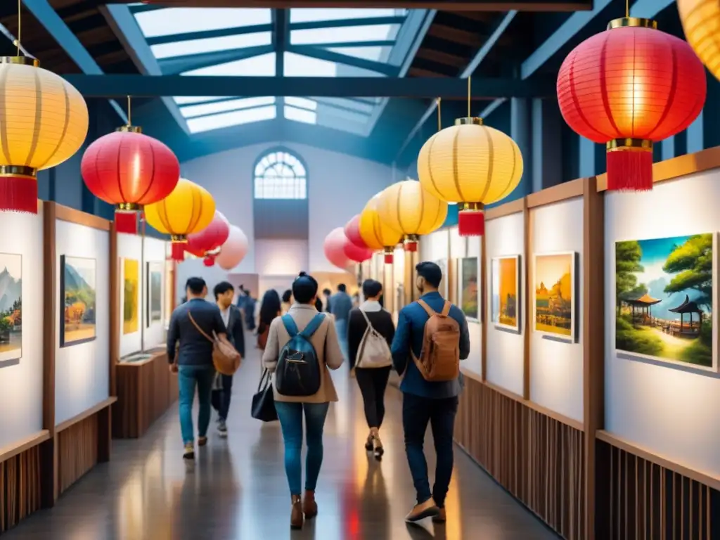 Una vibrante exposición de arte contemporáneo asiático llena de colores y diversidad, atrapando a los visitantes en una atmósfera cultural única