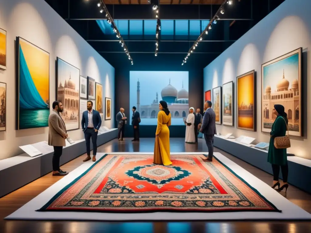 Una vibrante exposición de arte visual Medio Oriente contemporáneo con obras tradicionales y modernas, colores vivos y patrones intricados