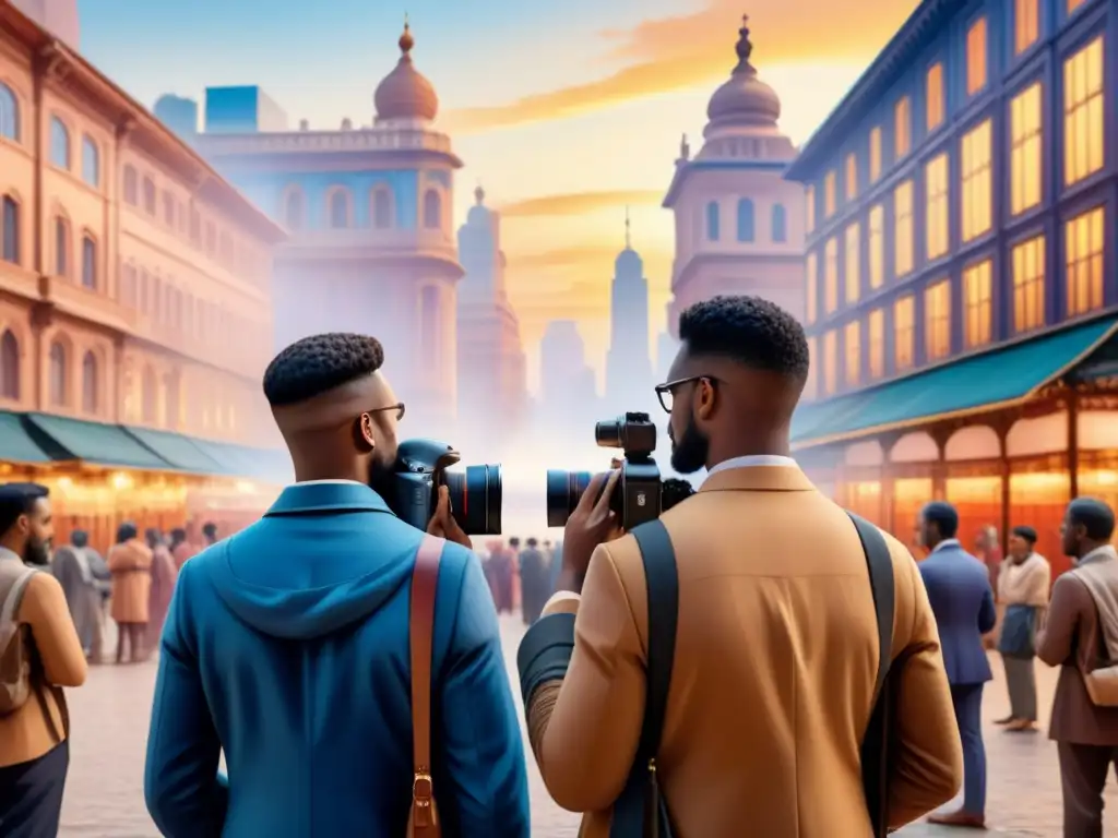 Capturando la diversidad: fotógrafos en la ciudad Una ilustración acuarela vibrante muestra fotógrafos de diversas culturas capturando momentos en una plaza, reflejando la intersección cultural
