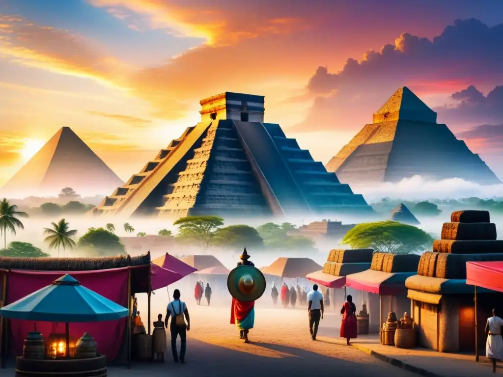 Una vibrante fusión de arte contemporáneo América Latina en una ciudad donde pirámides mayas y rascacielos se mezclan bajo un atardecer colorido