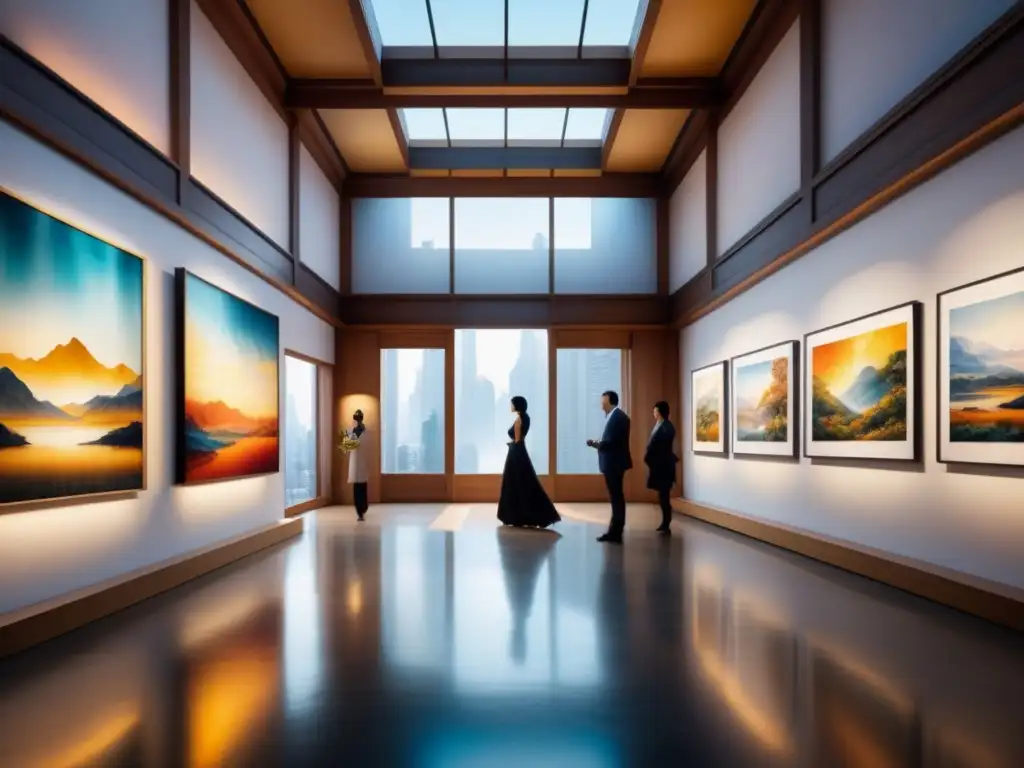 Un vibrante galería de arte contemporáneo con obras de artistas asiáticos emergentes en elegantes marcos y diseño moderno