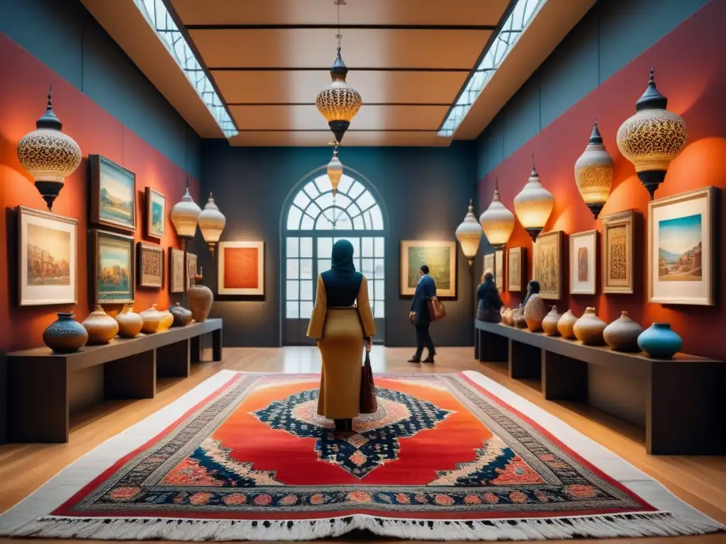 Una vibrante galería de arte contemporáneo en Medio Oriente, con esculturas abstractas y colores intensos