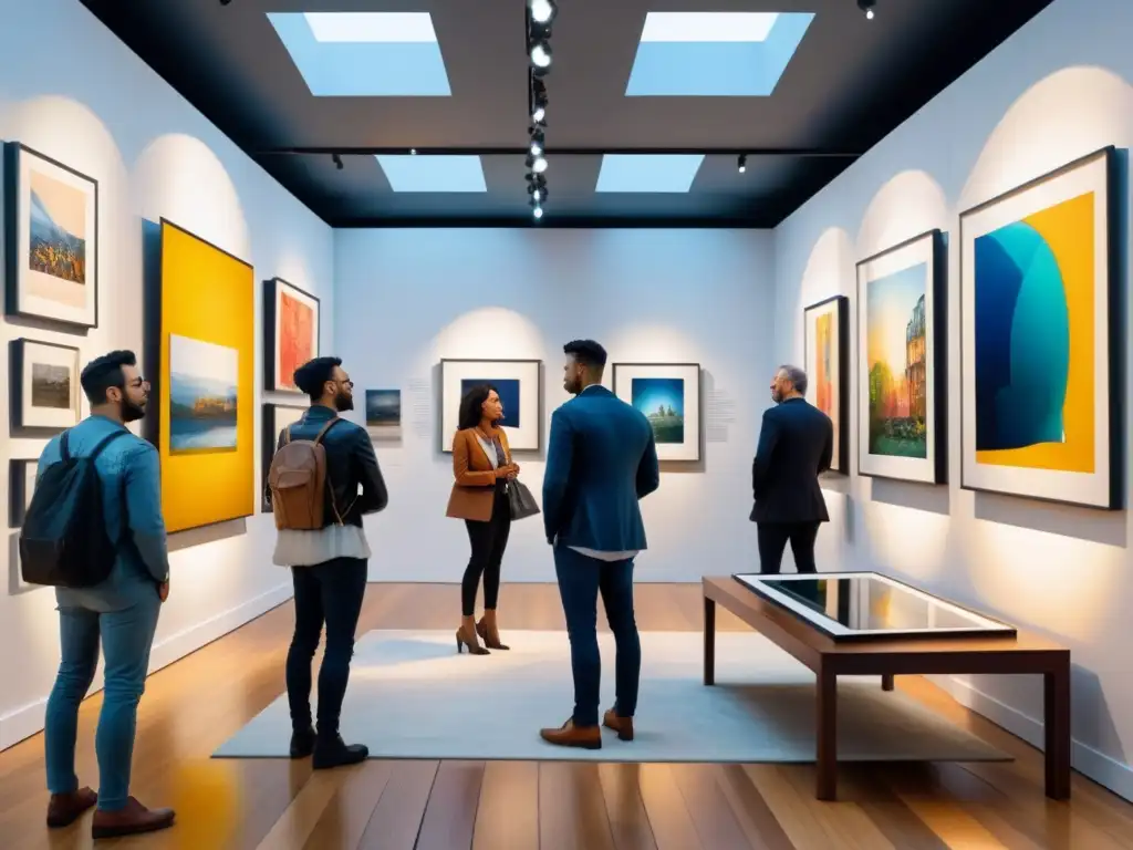 Una vibrante galería de arte contemporáneo con una diversa multitud analizando obras vanguardistas