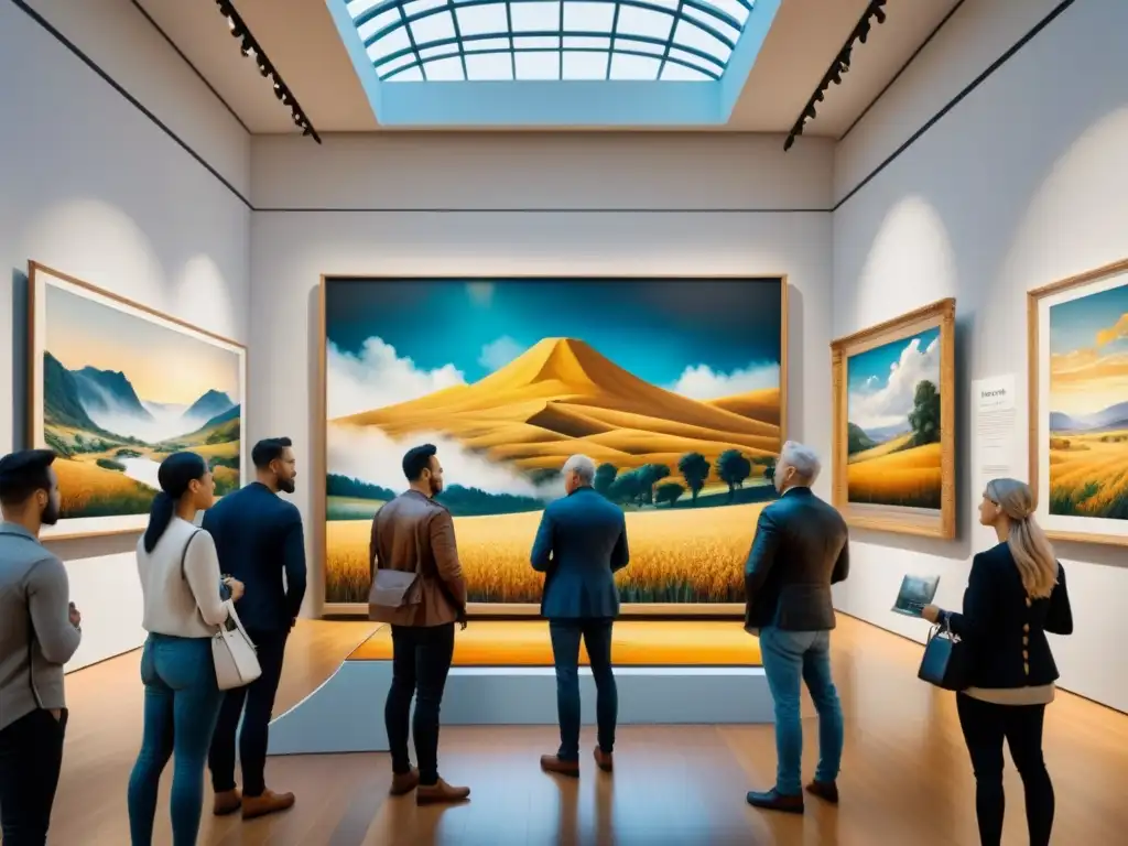 Una vibrante galería de arte llena de personas diversas admirando una pintura realista de un sereno paisaje campestre