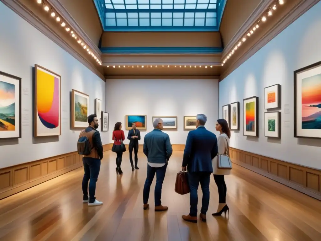 Una vibrante galería de arte moderno con diversidad de visitantes admirando obras, difundiendo la importancia del modernismo