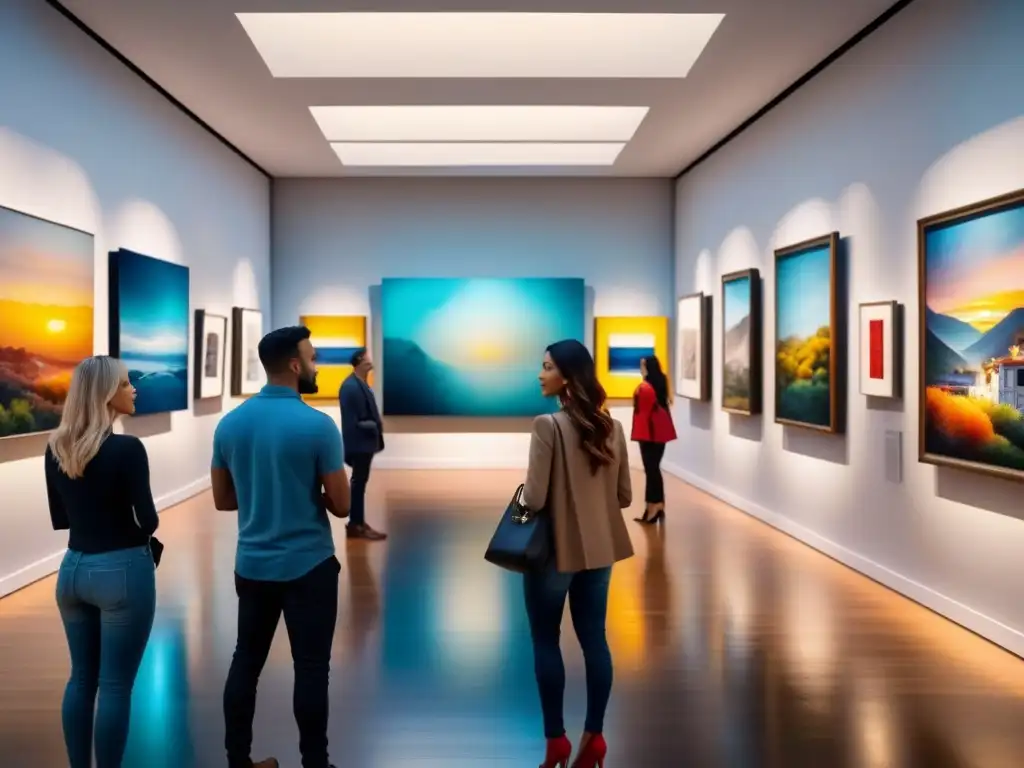 Una vibrante galería de arte con diversas obras, visitantes admirando las piezas bajo la suave luz, Ventas de arte último decenio
